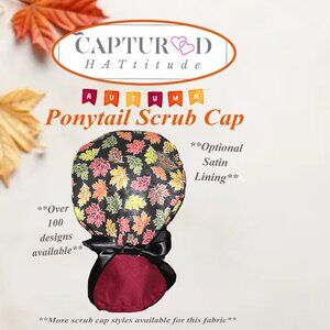 Autumn Leaves Sparkle Ponytail Scrub Cap, Handmade NWOT